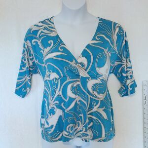 The Travel Collection Women's Sz L Teal & White Floral Babydoll Top